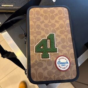 Coach Brown Signature Crossbody Pouch with Green Patch